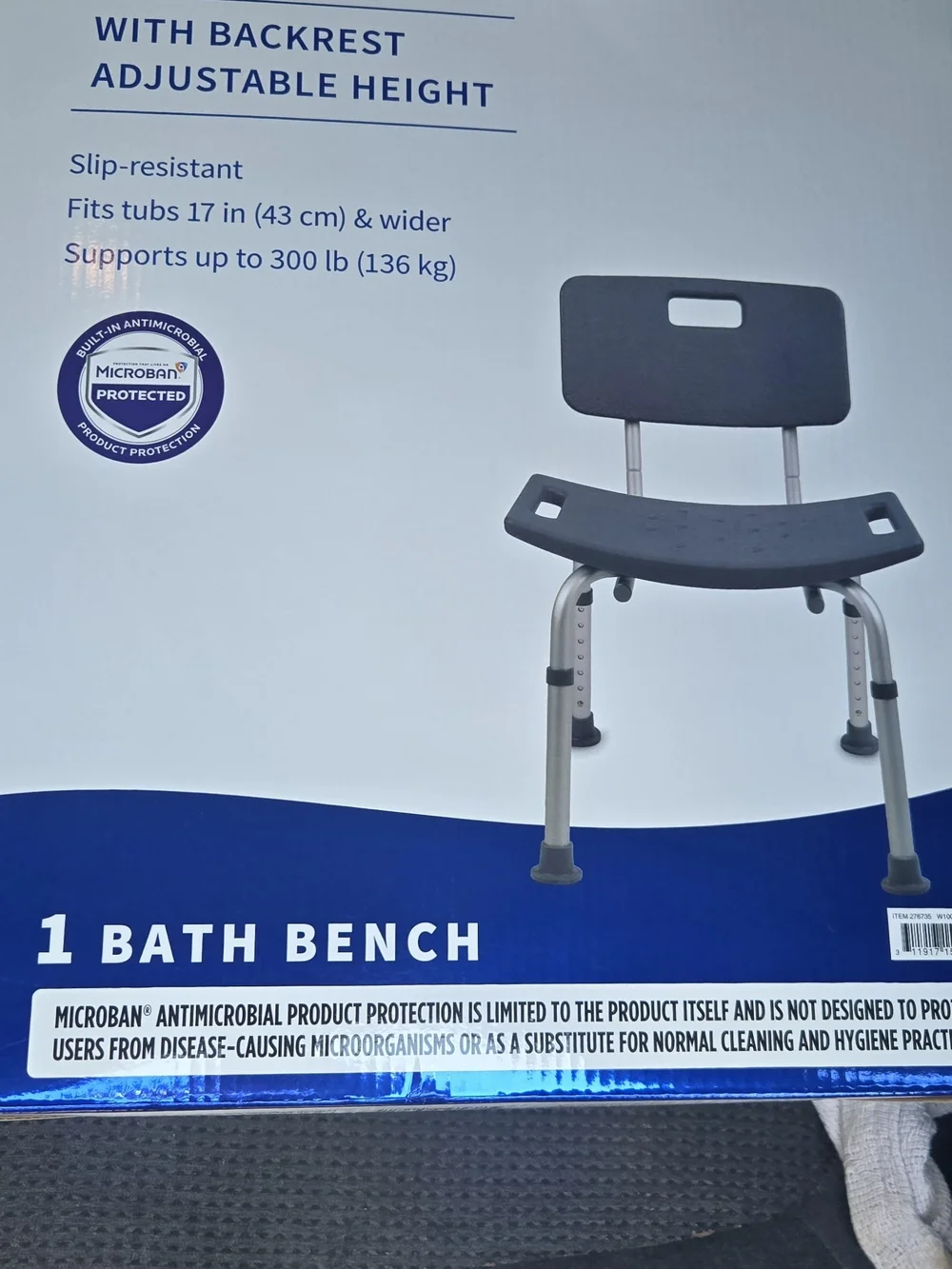 Walgreens Bath Bench with Backrest – Black – Protected. New In Box.